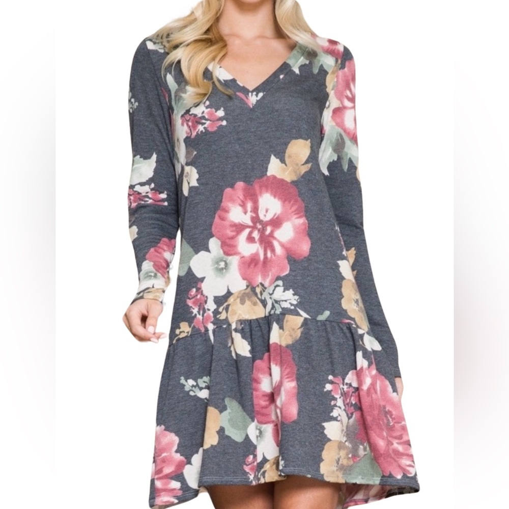 Floral Long Sleeve V Neck Pleated Dress